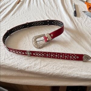 Elegant Red Studded Belt with Silver Buckle